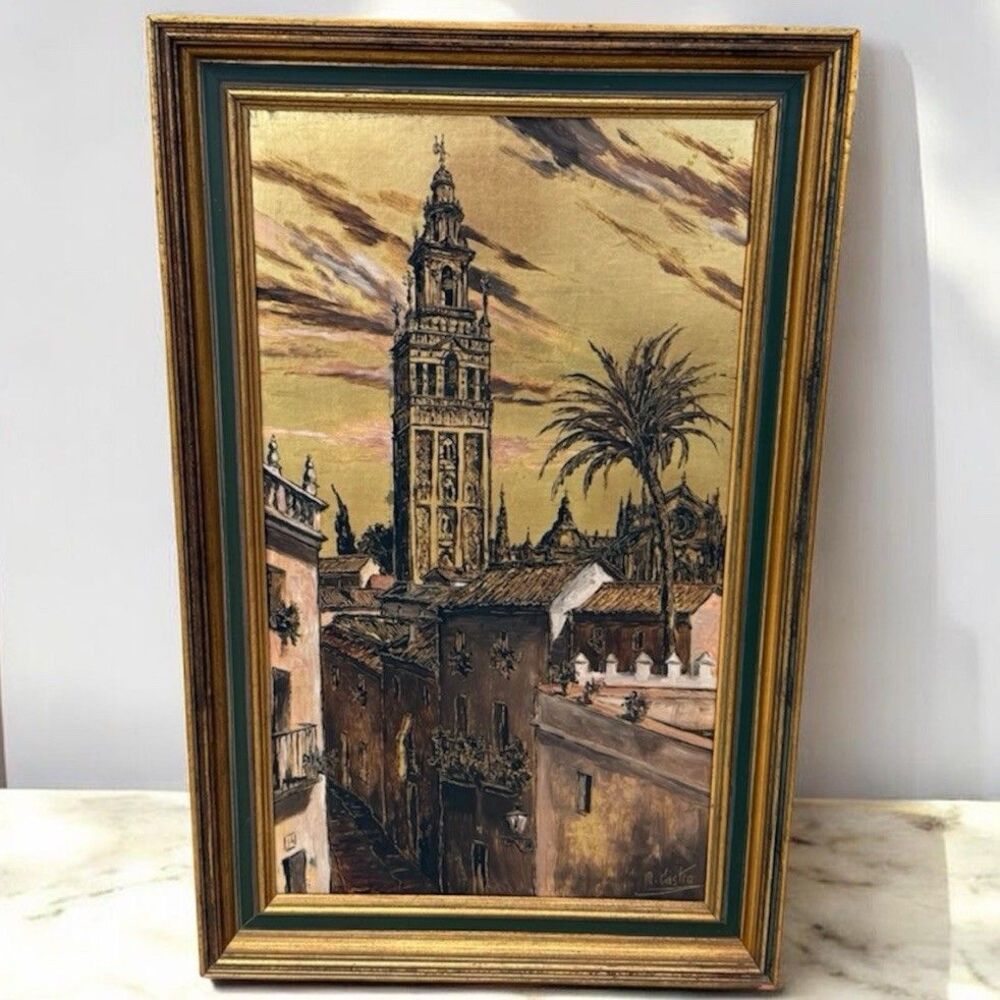 Vintage Seville Spain Giralda Tower Oil Painting On Board Framed M Castro Signed